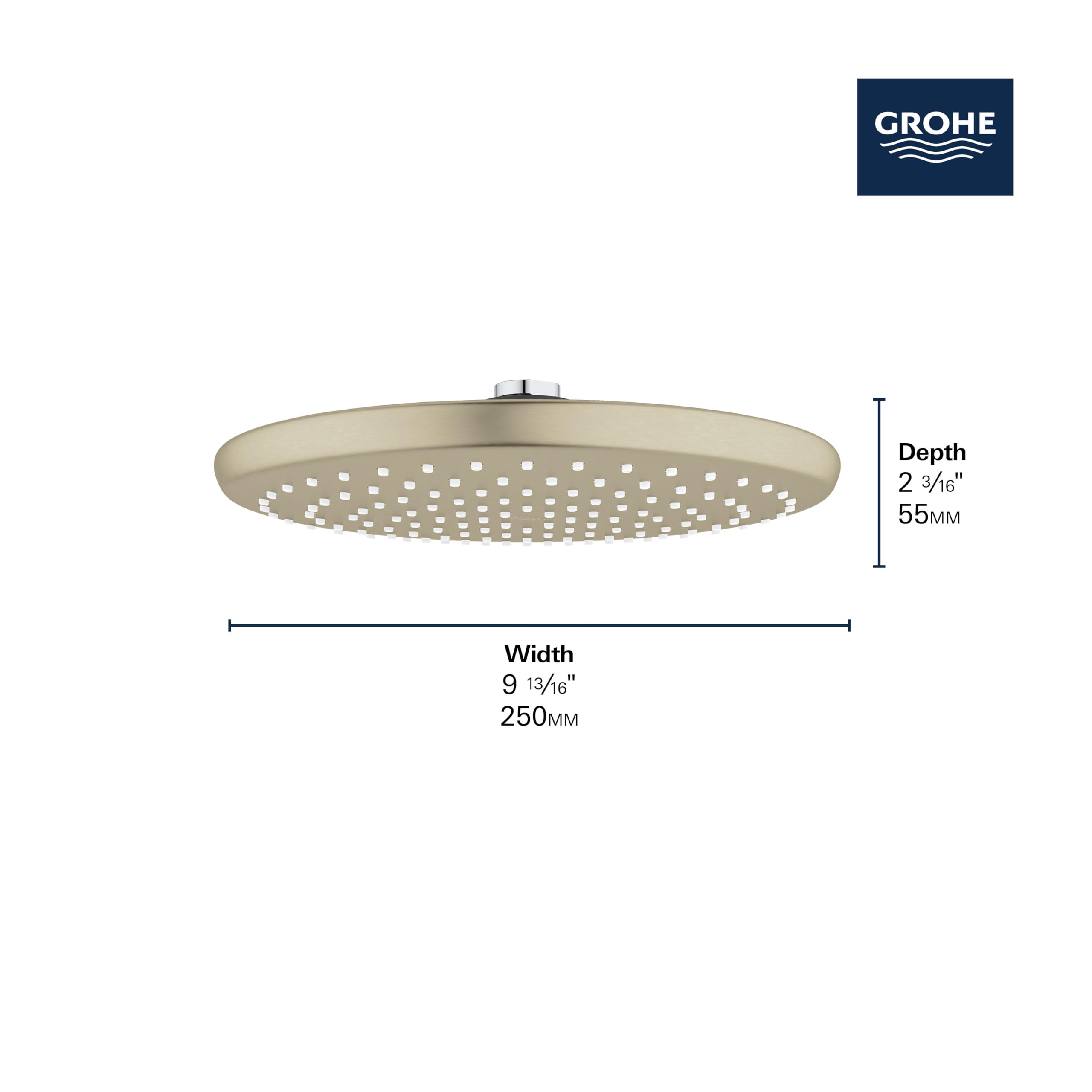 Brushed nickel round rainfall showerhead with perforated spray pattern and mounting bracket, 250mm diameter.