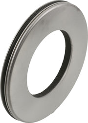 Stainless steel circular trim ring with grooved edge detail and center opening.