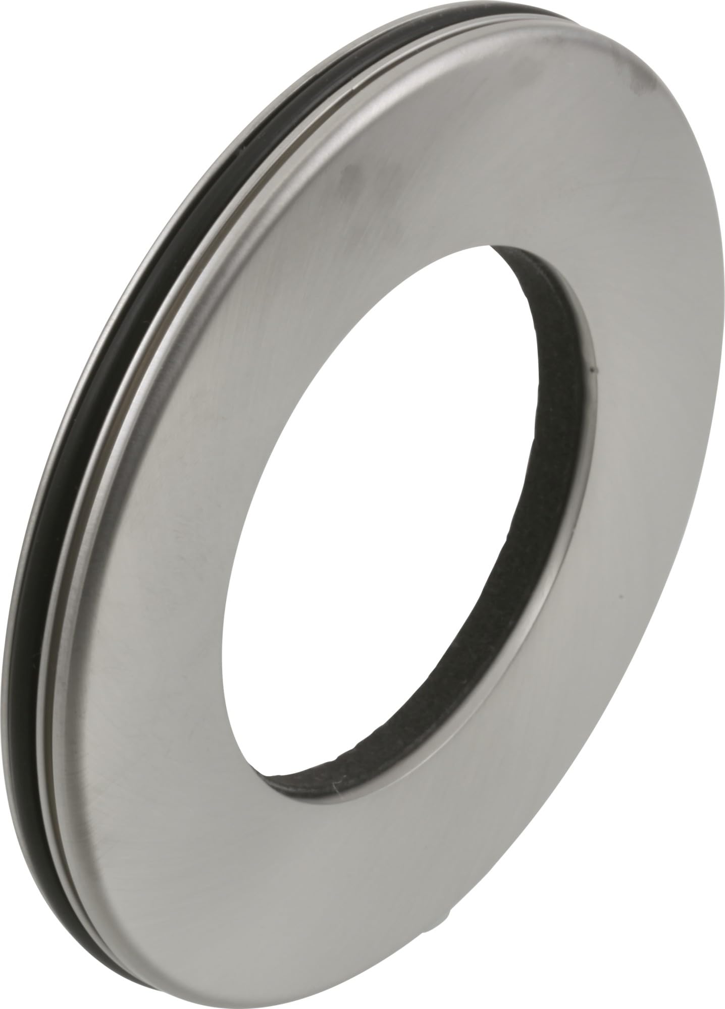 Stainless steel circular trim ring with grooved edge detail and center opening.