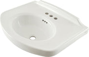 White rectangular bathroom sink with curved front basin and three faucet holes on right side.