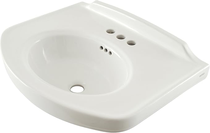 White rectangular bathroom sink with curved front basin and three faucet holes on right side.