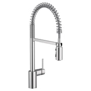 Chrome pulldown kitchen faucet with coiled spray hose and single lever handle mounted on base.