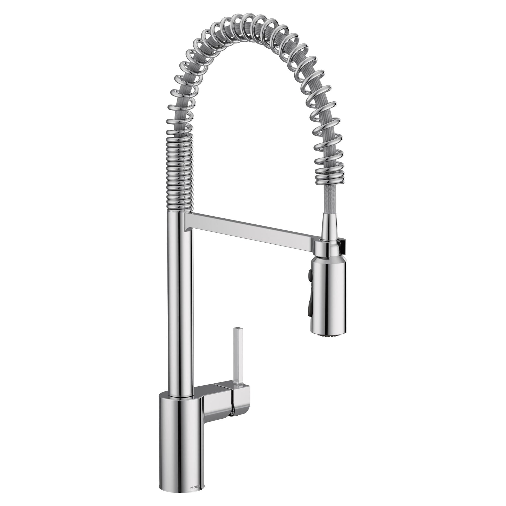 Chrome pulldown kitchen faucet with coiled spray hose and single lever handle mounted on base.
