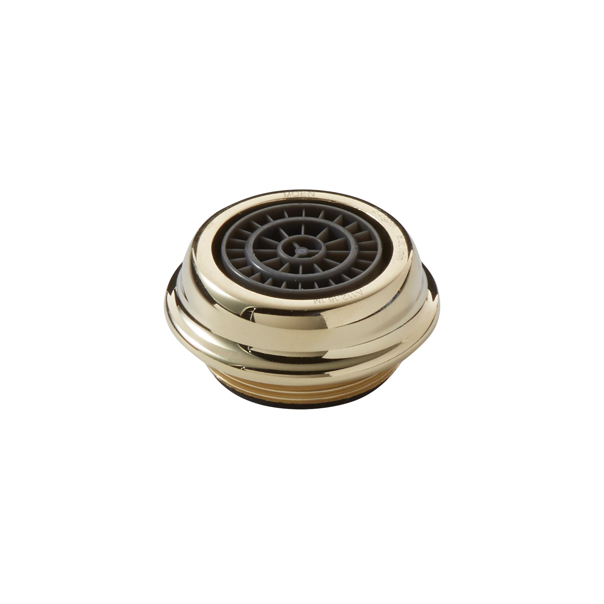 Polished brass faucet aerator with male thread connection and circular black mesh screen insert.