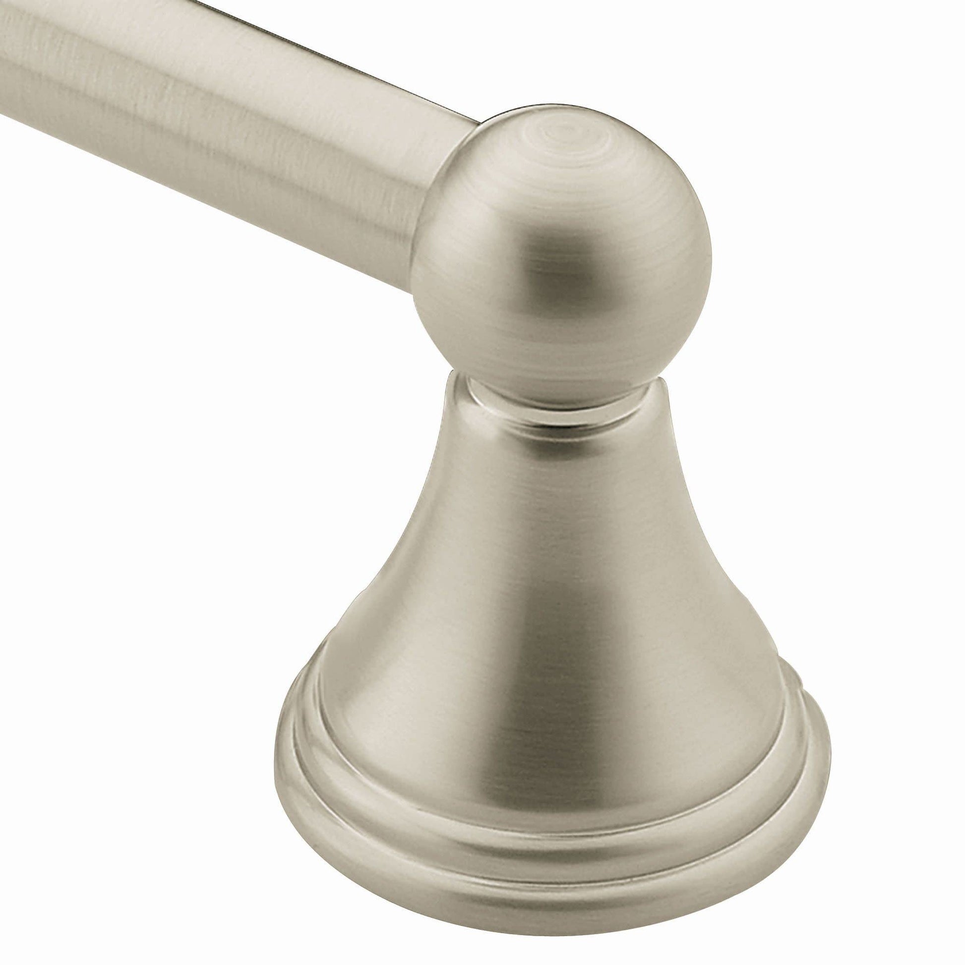 Brushed nickel towel bar with spherical end cap and conical wall mount bracket.