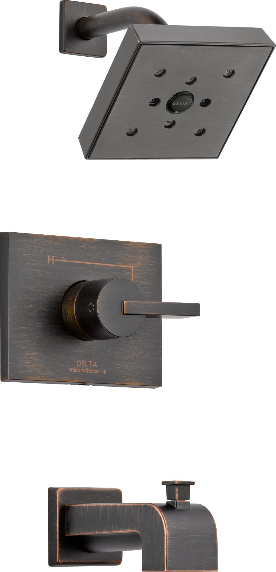 Delta Vero Monitor 14 tub and shower trim in oil-rubbed bronze with showerhead, handle, and spout.