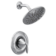 Chrome shower system with round rainshower head and wall-mounted arm, includes trim ring with lever handle.