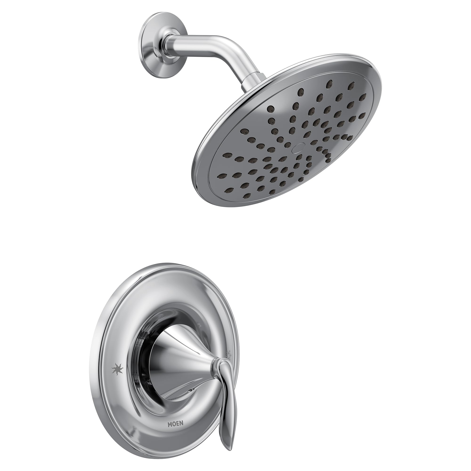 Chrome shower system with round rainshower head and wall-mounted arm, includes trim ring with lever handle.