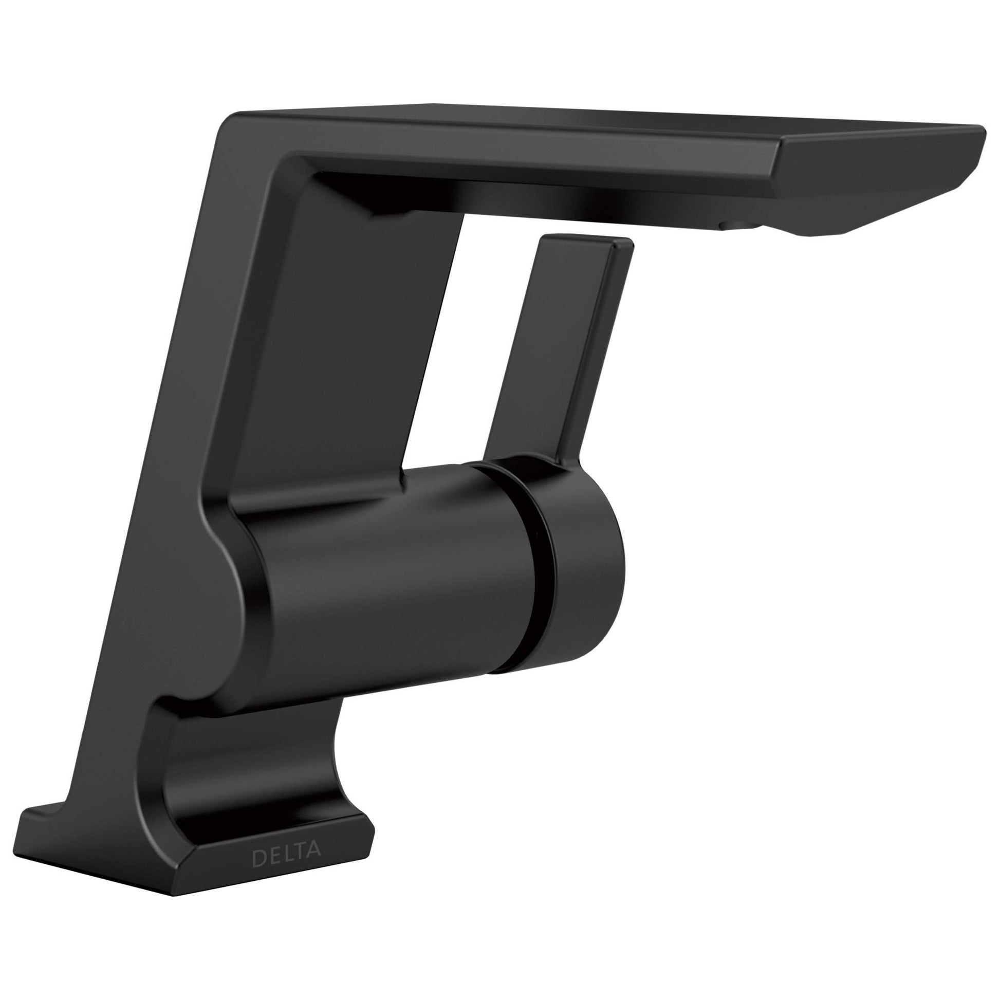Black single-handle bathroom faucet with angular spout and cylindrical handle on rectangular base.
