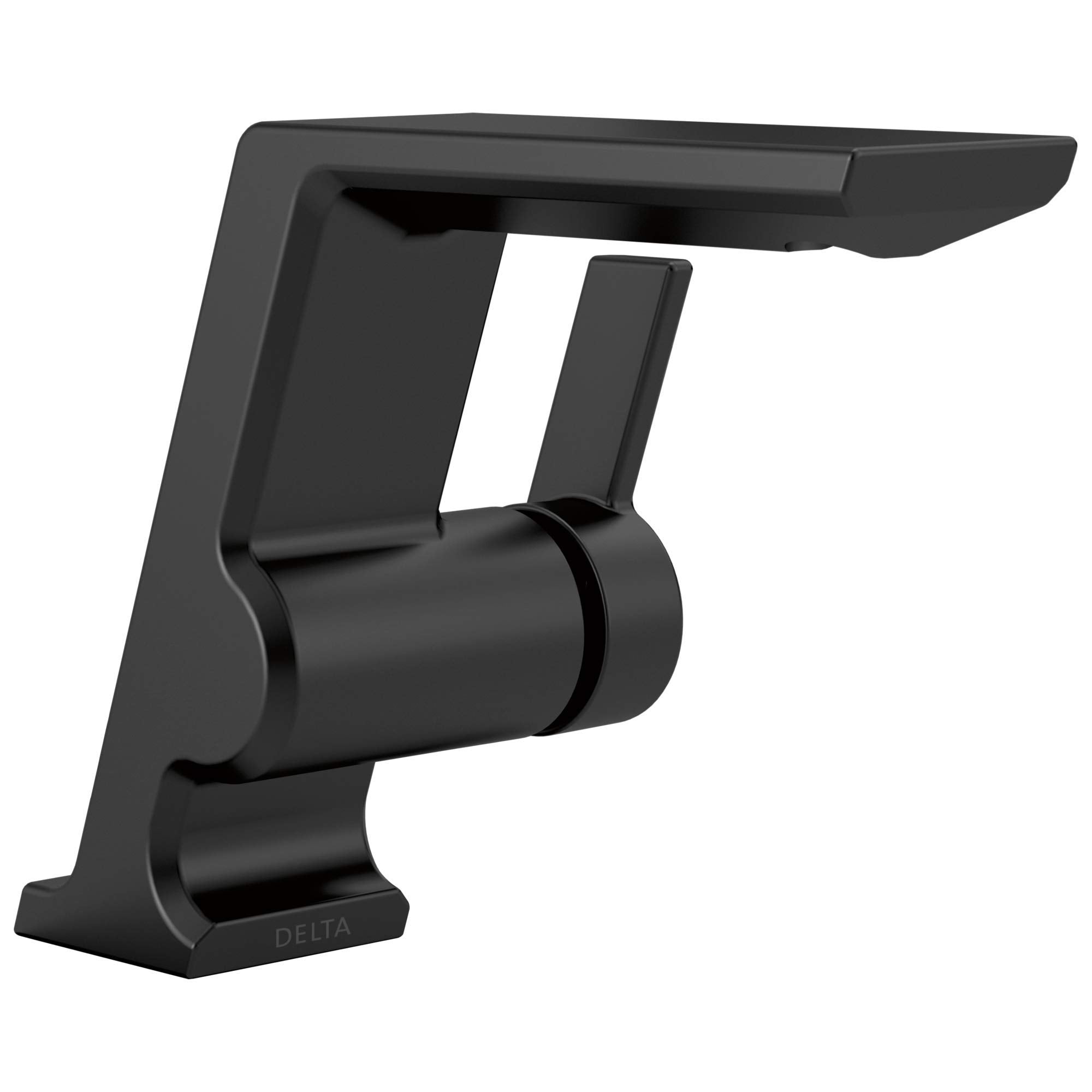 Black single-handle bathroom faucet with angular spout and cylindrical handle on rectangular base.