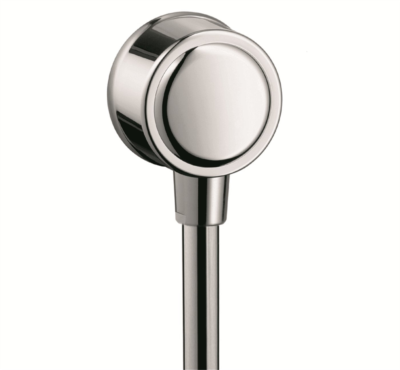 Chrome wall outlet with round escutcheon plate and cylindrical valve body, mounted vertically with connecting pipe below.