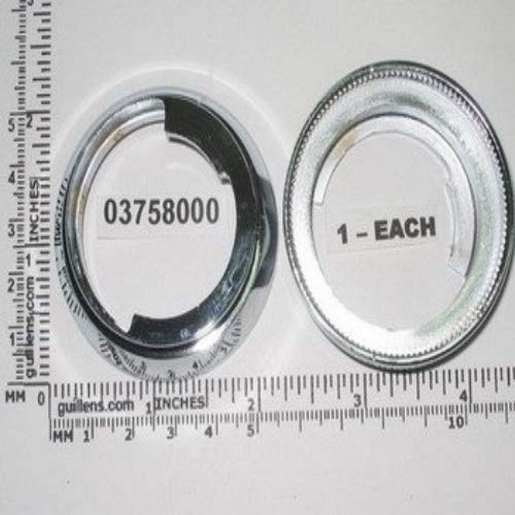 Chrome stop ring with part number 03758000 shown from top and bottom views next to measurement ruler.