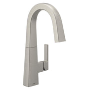 Moen Nio stainless steel bar faucet with curved spout and single rectangular handle in spot resist finish.