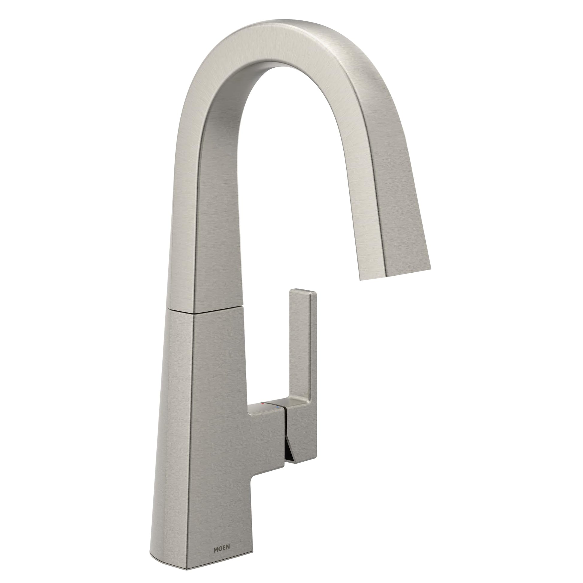 Moen Nio stainless steel bar faucet with curved spout and single rectangular handle in spot resist finish.