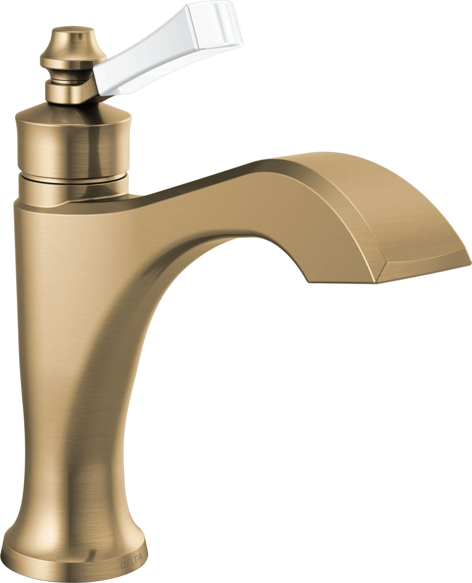 Champagne bronze single-handle bathroom faucet with white lever handle and curved spout.