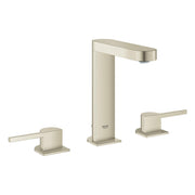 Grohe brushed nickel widespread bathroom faucet with tall center spout and two lever handles on square bases.