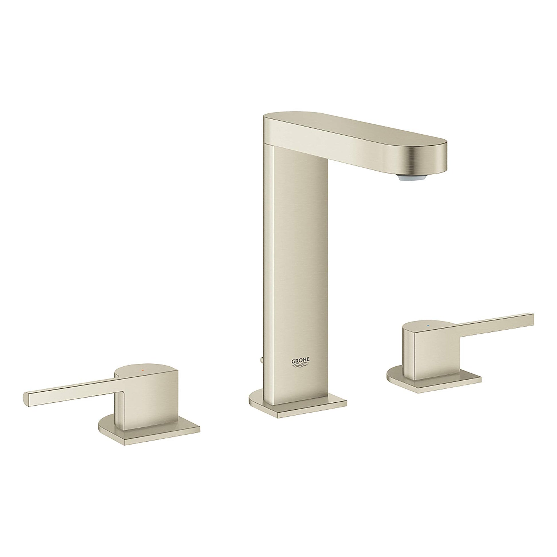 Grohe brushed nickel widespread bathroom faucet with tall center spout and two lever handles on square bases.