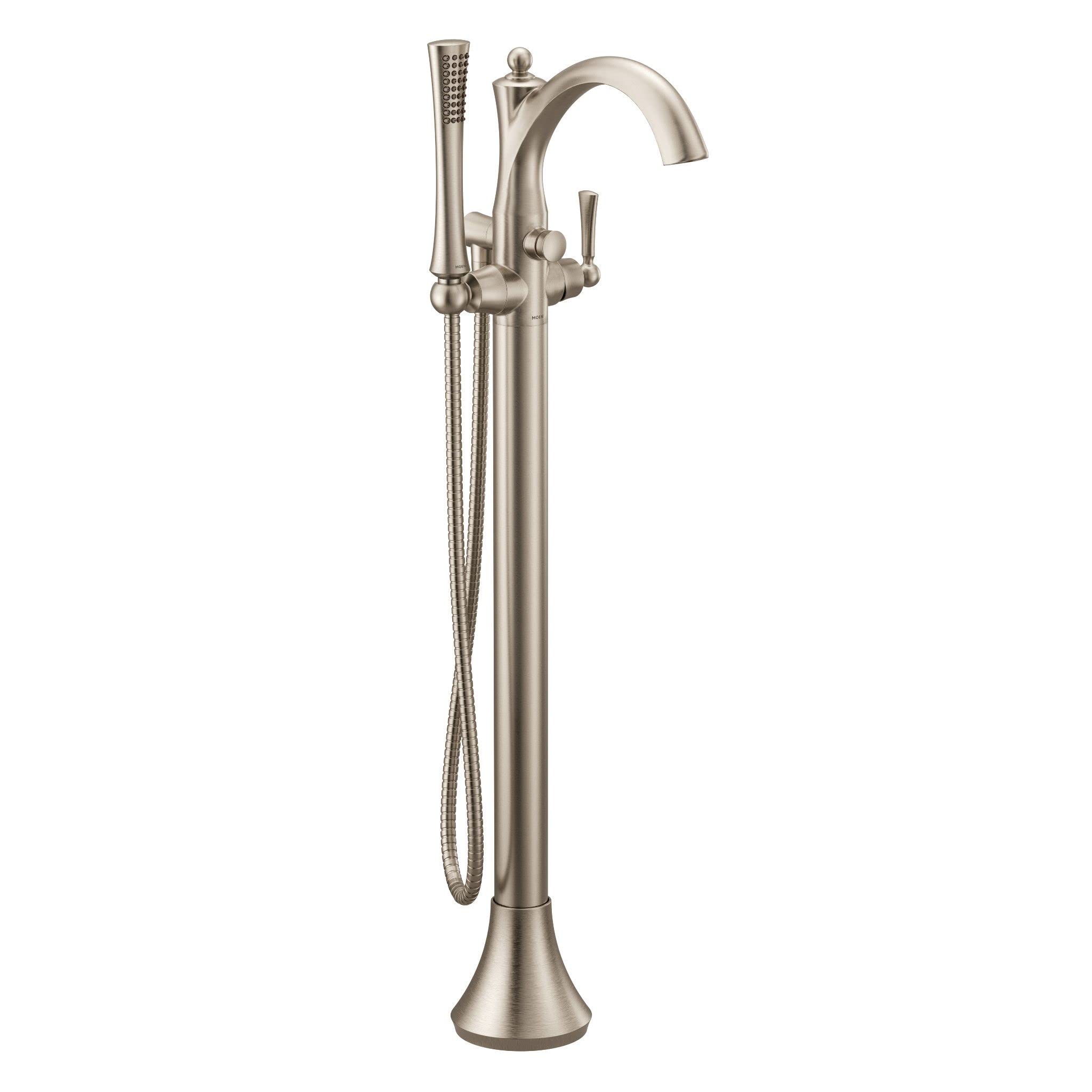Brushed nickel freestanding tub filler with curved spout, single handle, and detachable handshower with hose.