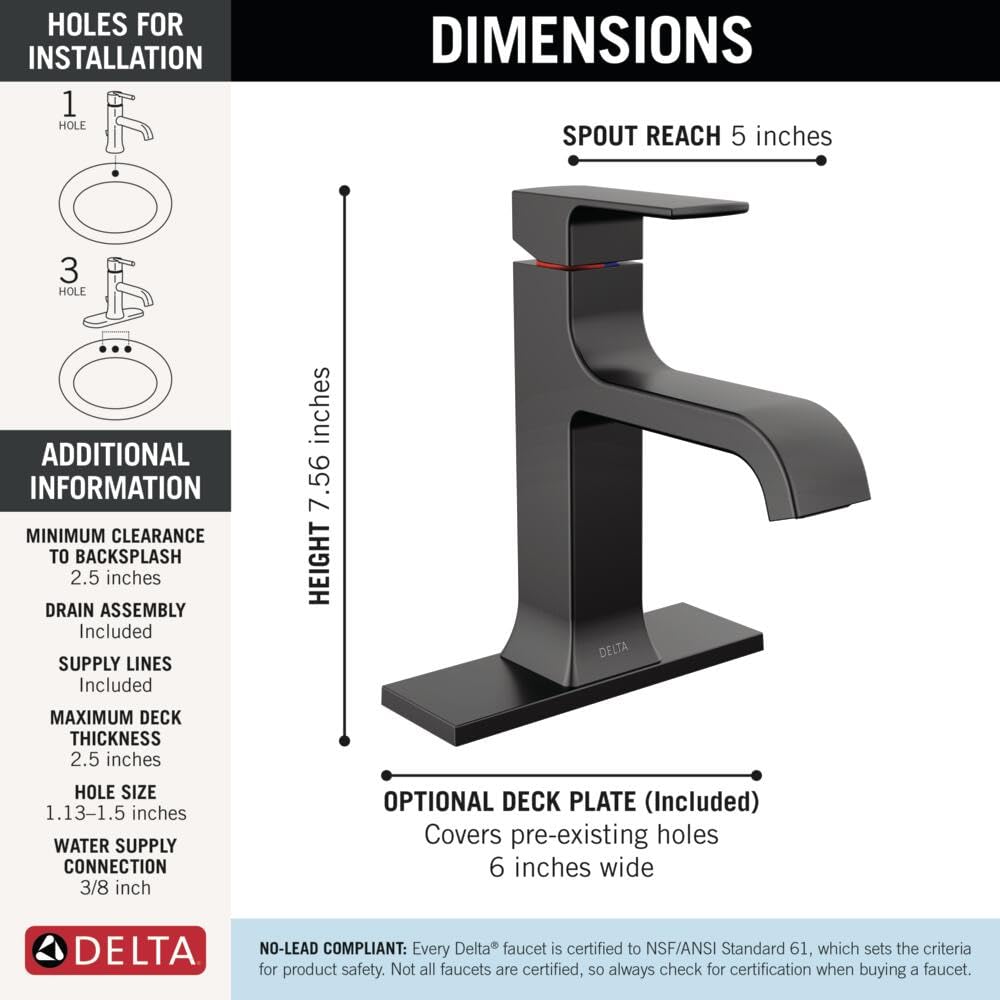 Matte black single-handle bathroom faucet with curved spout, 7.56 inches tall, 5-inch spout reach.