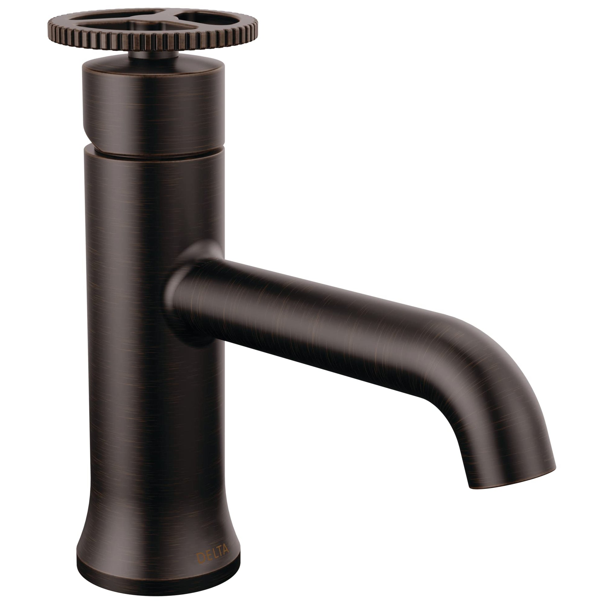Dark bronze single-handle bathroom faucet with cylindrical body, curved spout, and textured wheel handle on top.