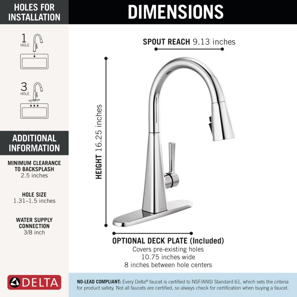 Chrome single-handle pull-down kitchen faucet with curved spout and deck plate, 16.25 inches tall.