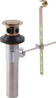 Champagne bronze drain assembly with pop-up stopper, metal mounting bracket, and connecting rod for bathroom sink installatio