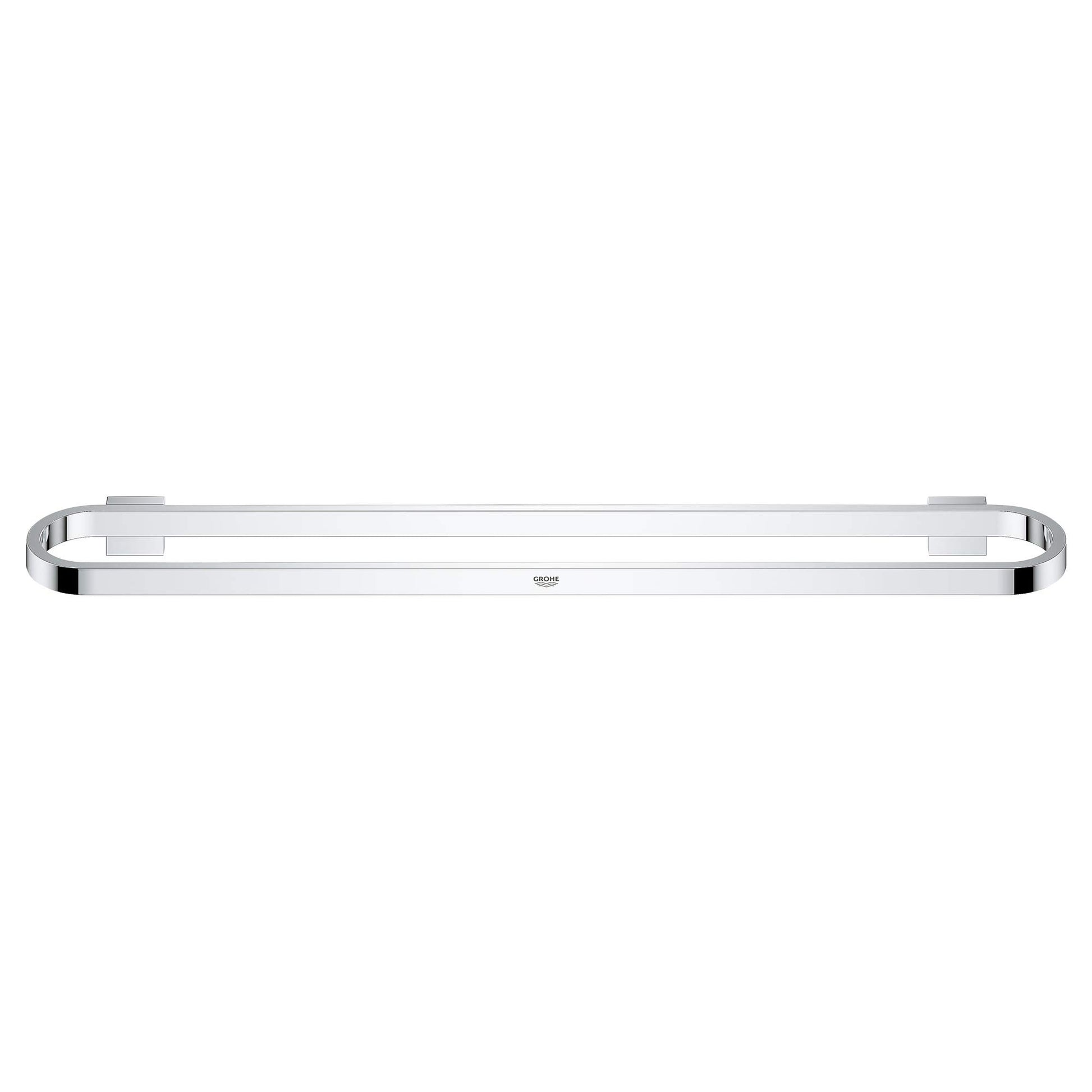Chrome towel bar with rounded corners and mounting brackets on white background.
