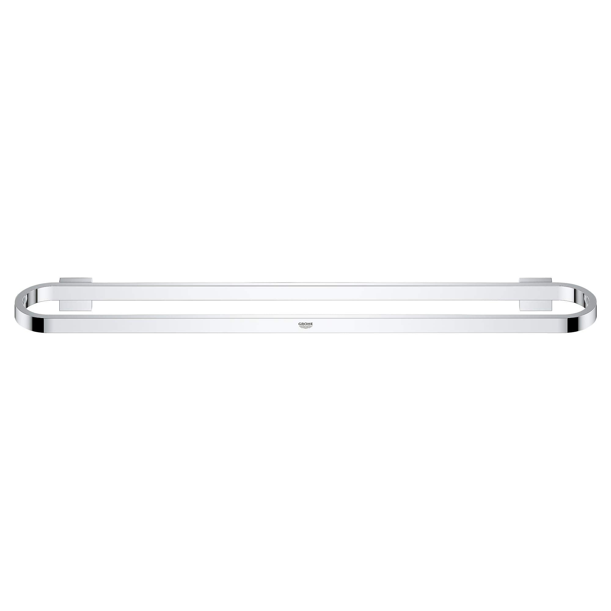 Chrome towel bar with rounded corners and mounting brackets on white background.