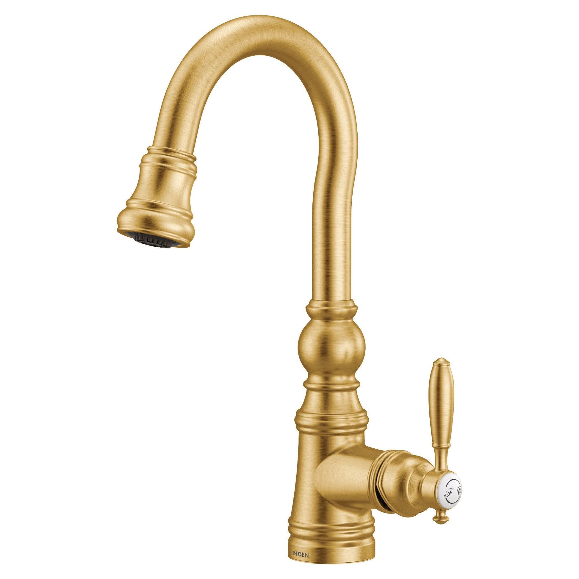 Brushed gold kitchen faucet with curved spout, pulldown wand, and single lever handle.