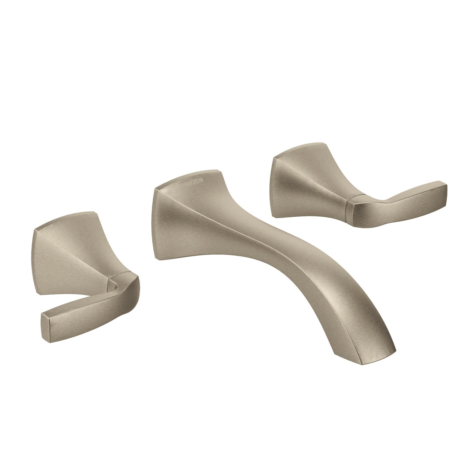 Brushed nickel wall-mount faucet trim kit with curved spout and two lever handles.