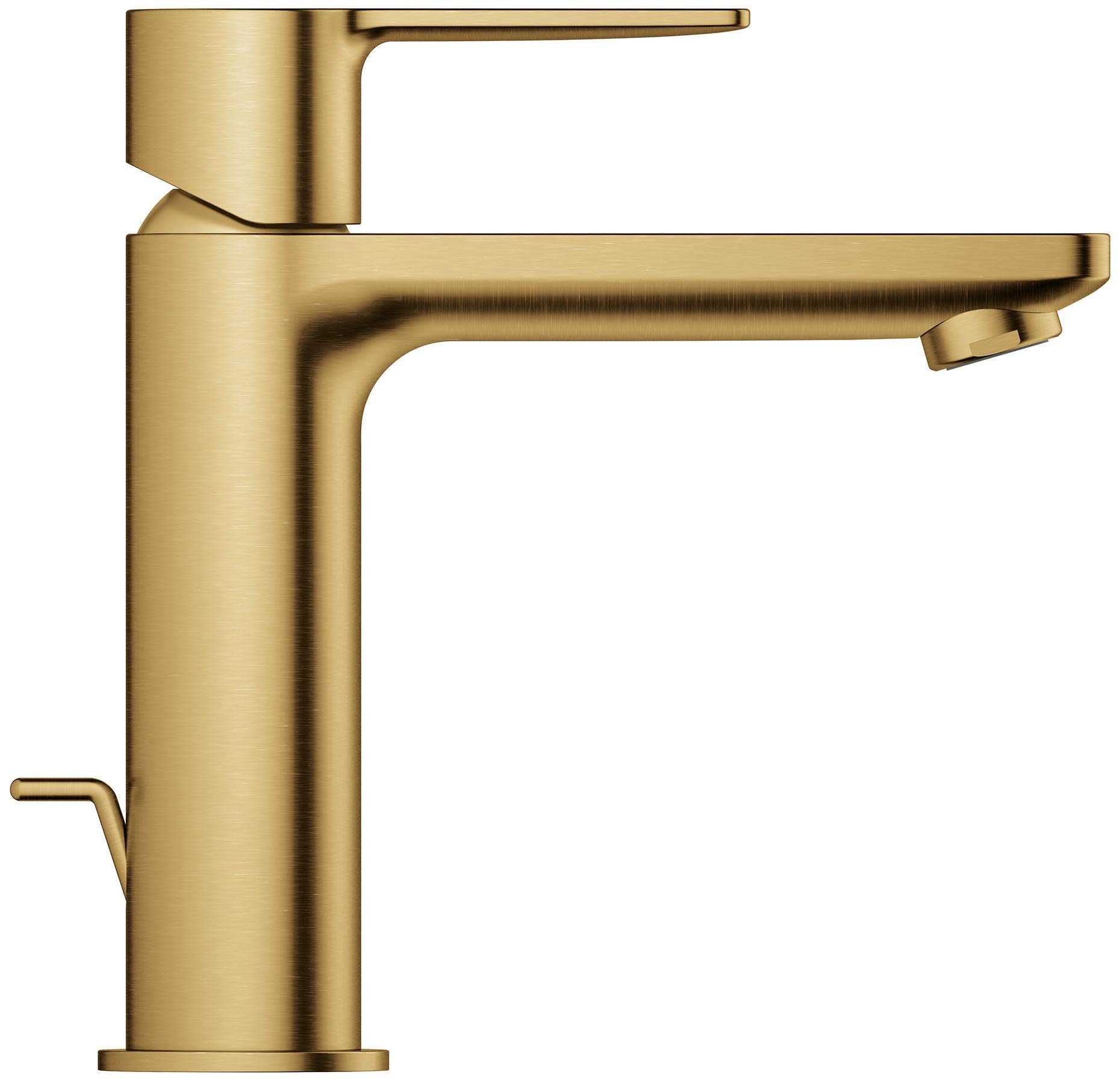 Grohe Lineare single-handle bathroom faucet with cylindrical body, curved spout, and single lever control in brushed brass fi