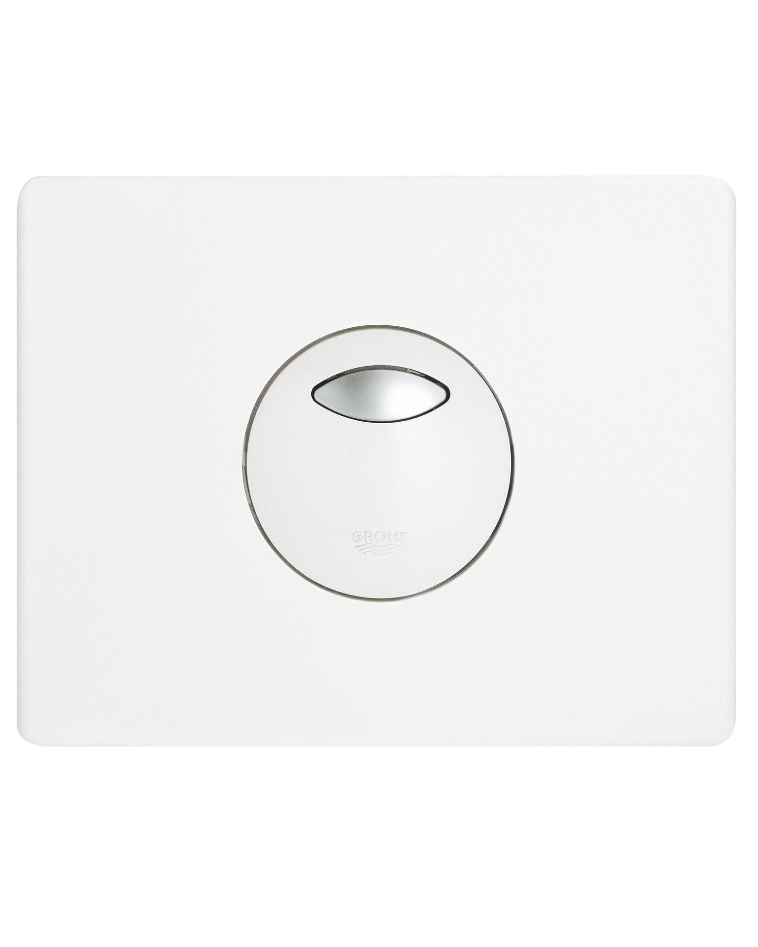 White square wall plate with circular chrome-trimmed opening and oval slot detail in center.