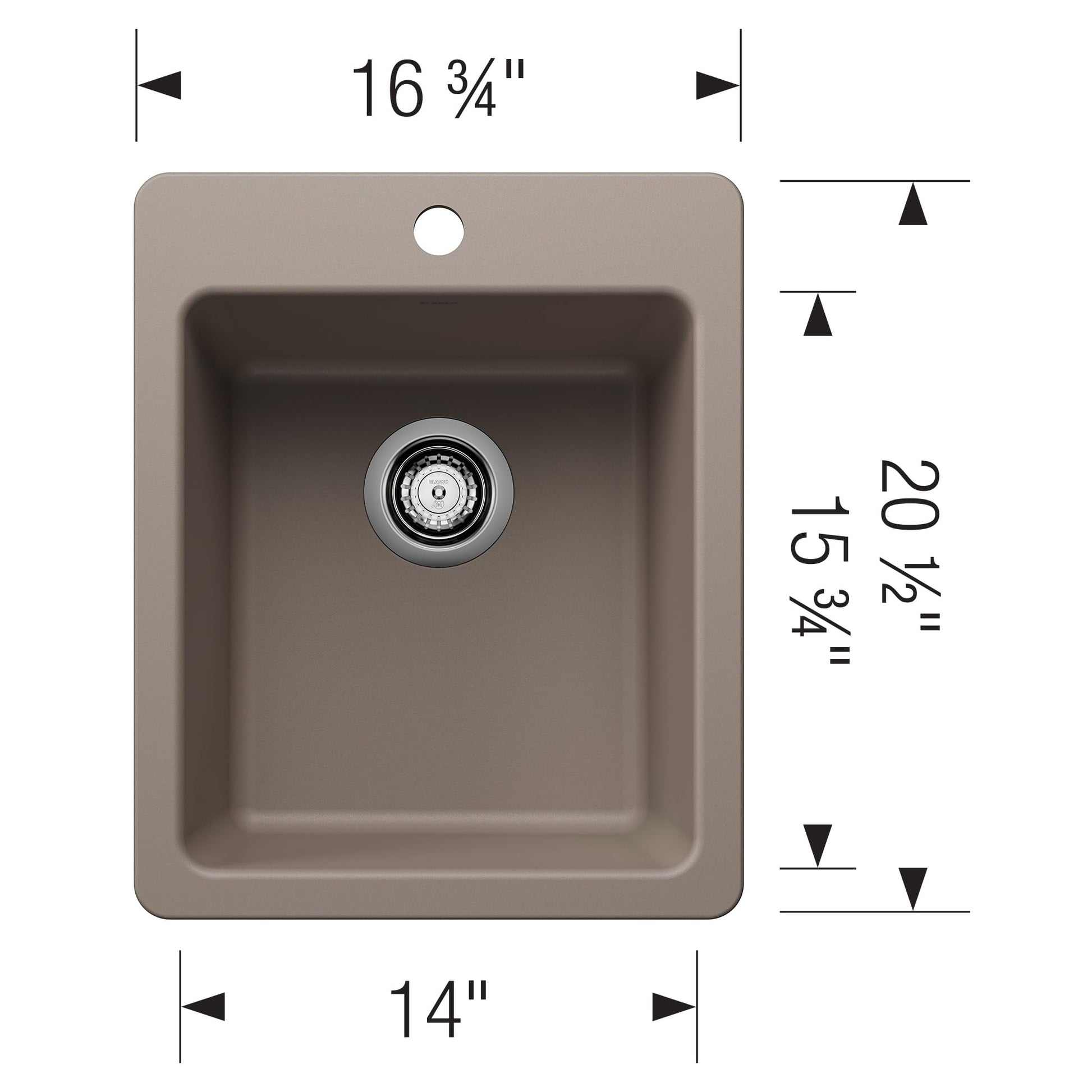 Truffle-colored single bowl bar sink with dimensions 16¾" x 20½" and drain fitting, shown from above.