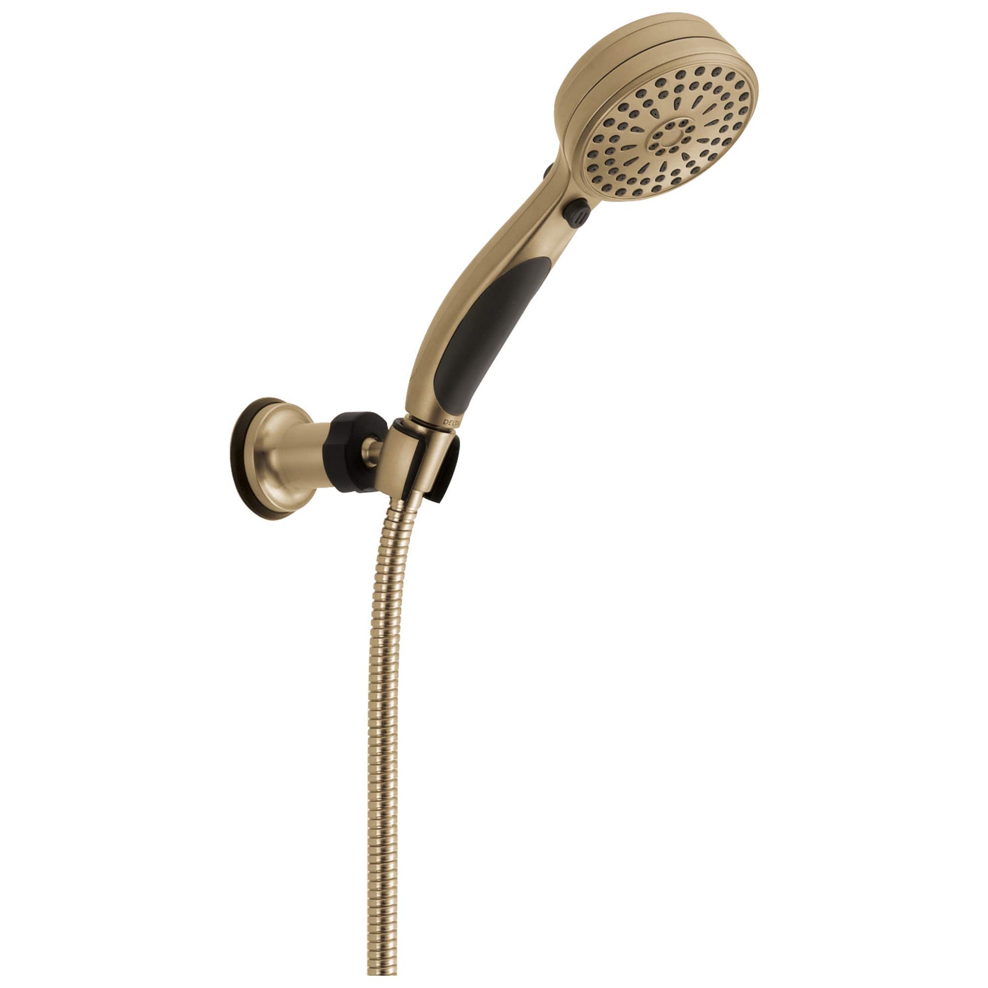 Champagne bronze hand shower with black grip and perforated head, mounted on wall bracket with flexible hose.