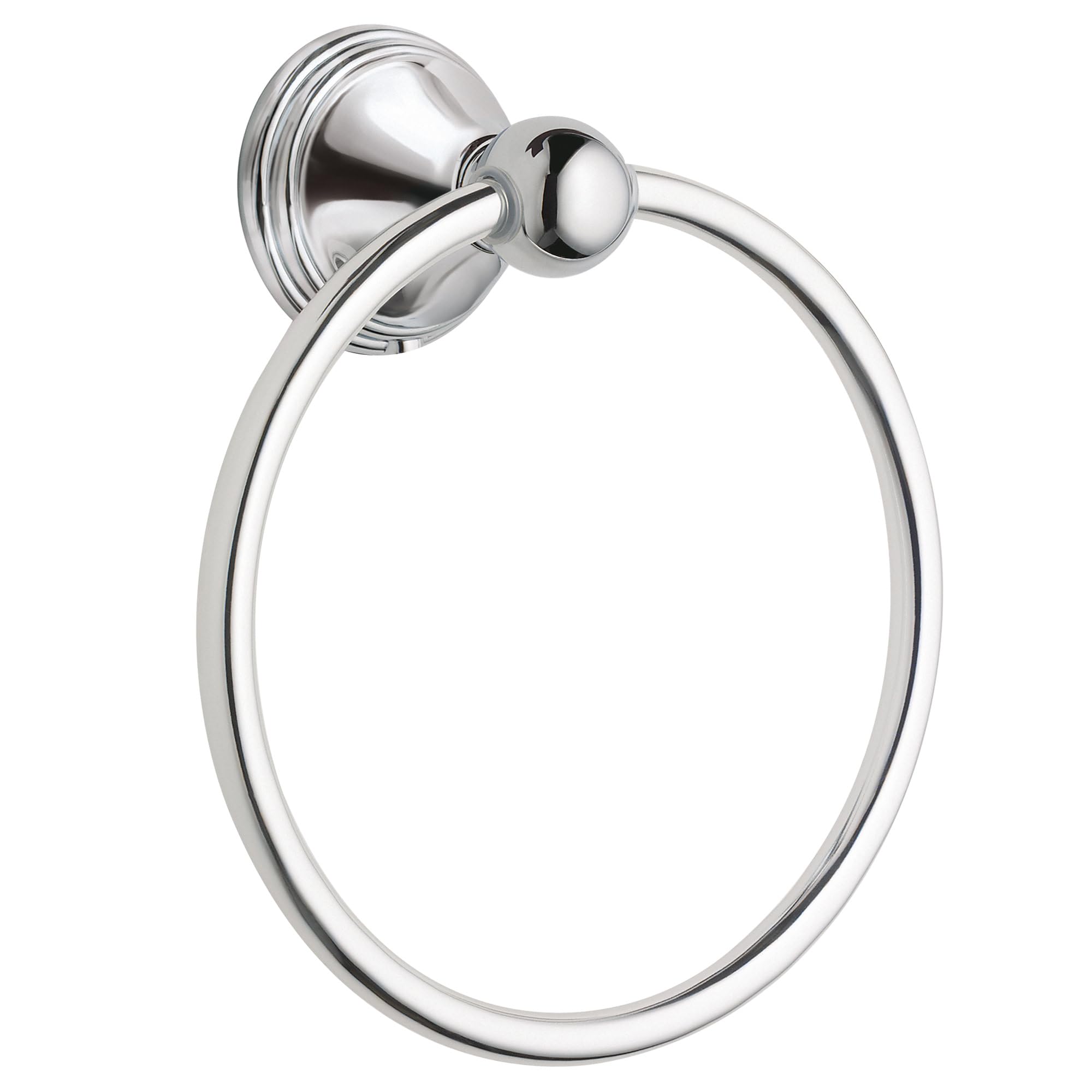 Polished chrome wall-mount towel ring with circular design and decorative spherical accent.