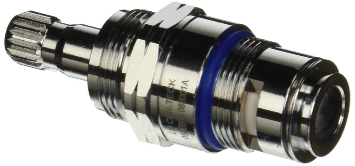 Left-hand ceramic cartridge valve body with threaded connections and blue adjustment ring.