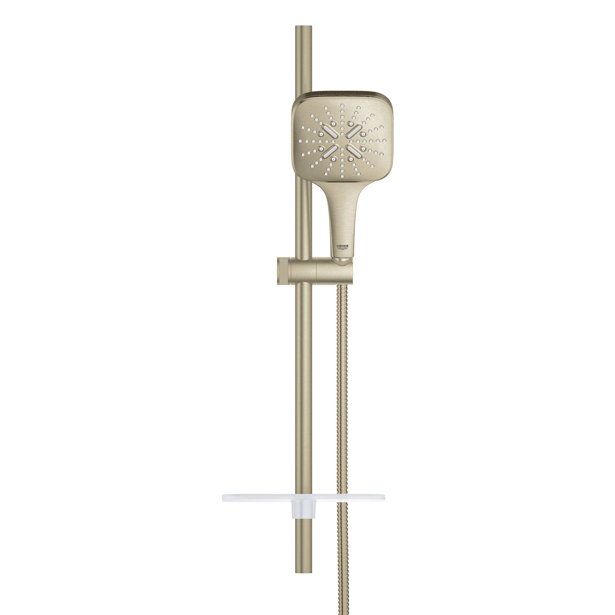 Brushed nickel shower slide bar kit with square rainfall showerhead and handheld sprayer on vertical rail.