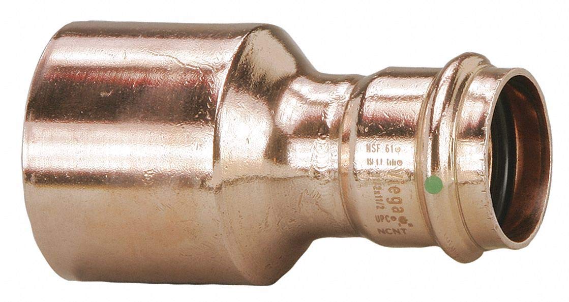 Copper press reducer fitting with larger diameter on left side and smaller diameter on right side, showing grip rings and gre