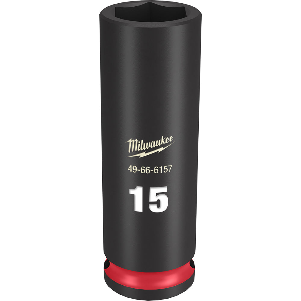 Black Milwaukee deep socket with 15MM size marking, hexagonal opening, and red grip band at base.