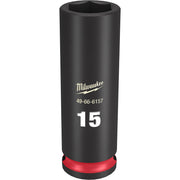 Black Milwaukee deep socket with 15MM size marking, hexagonal opening, and red grip band at base.