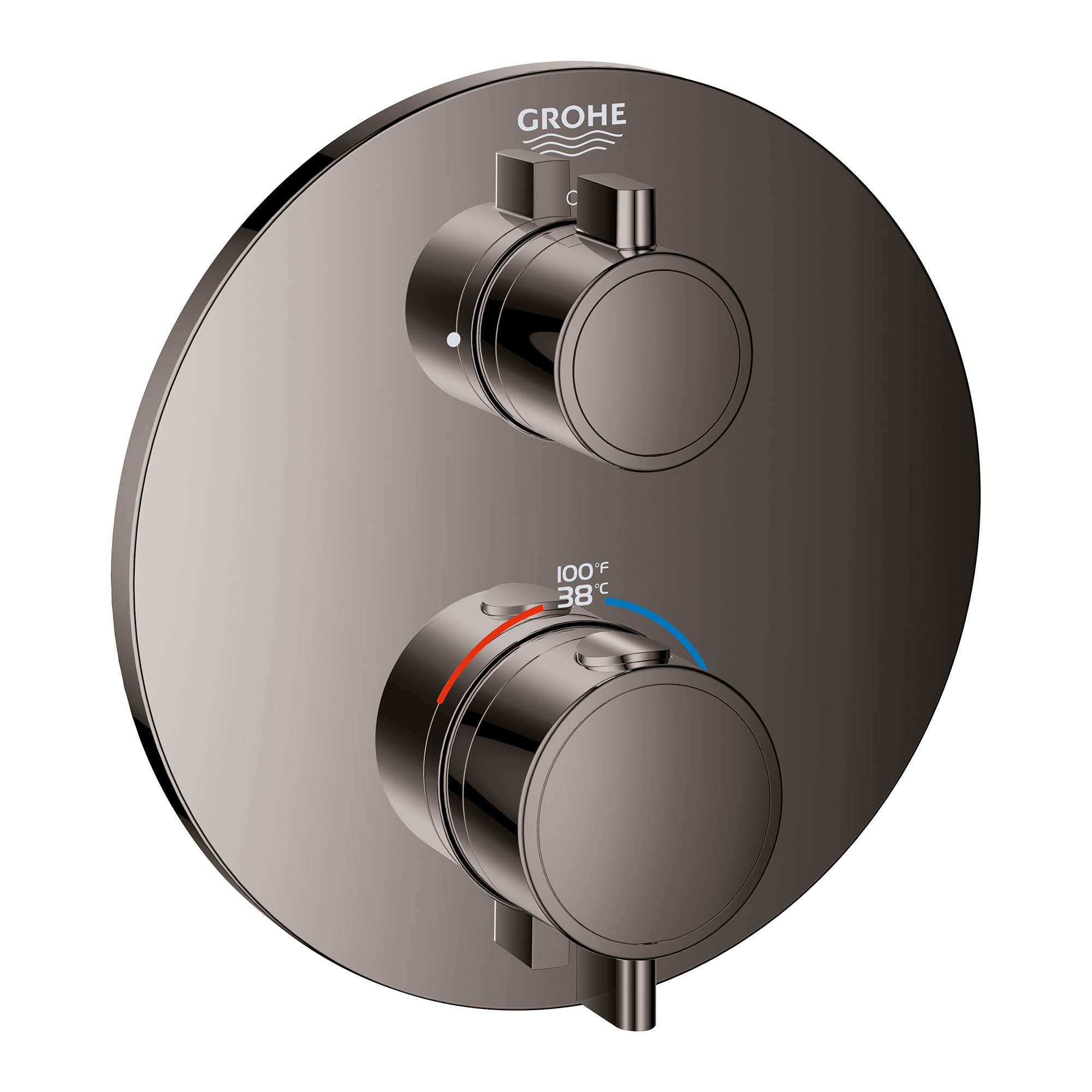 Grohe Grohtherm thermostatic valve trim with two round handles and temperature dial on dark gray circular escutcheon plate.