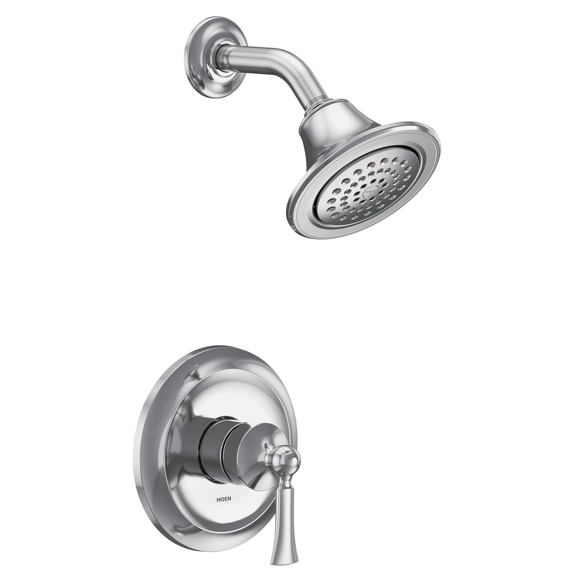Chrome shower trim kit with single handle lever control, round showerhead with perforated face, and curved arm mounted on cir