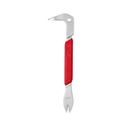 Steel nail puller with curved claw head, red grip handle, and pointed tip end.