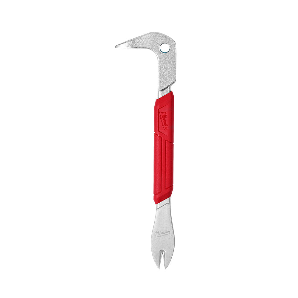 Steel nail puller with curved claw head, red grip handle, and pointed tip end.
