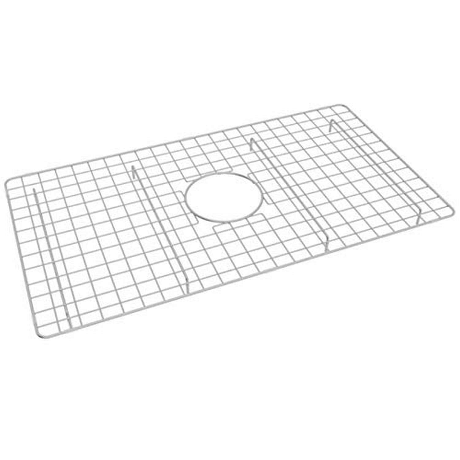 Stainless steel sink grid with square mesh pattern and center drain hole cutout.