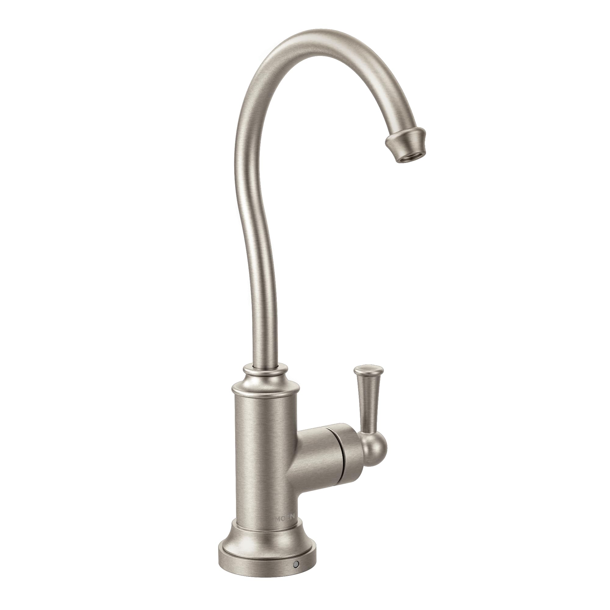 Brushed stainless steel kitchen faucet with curved spout and single side lever handle.