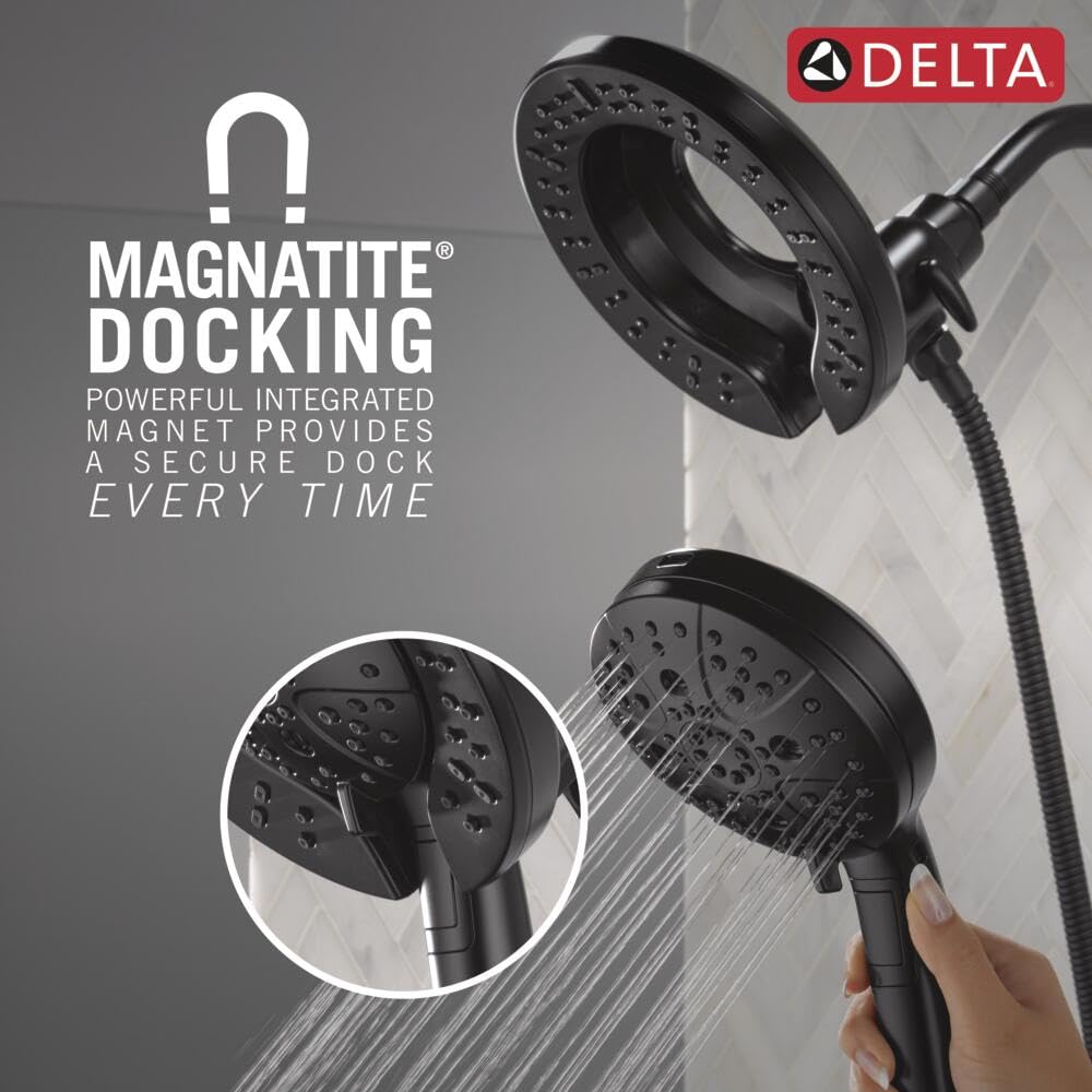 Matte black shower heads with magnetite docking system and water spray patterns displayed on mounted arm and handheld unit.