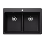 Coal black dual-bowl kitchen sink with low divide, dual drains, and top-mounted installation.
