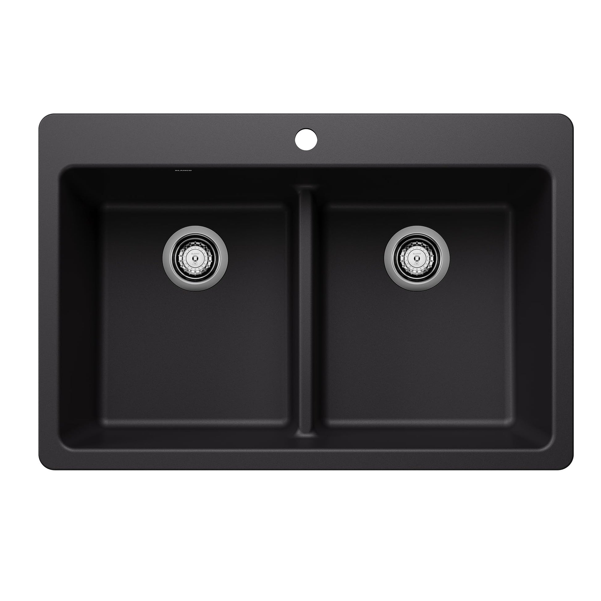 Coal black dual-bowl kitchen sink with low divide, dual drains, and top-mounted installation.