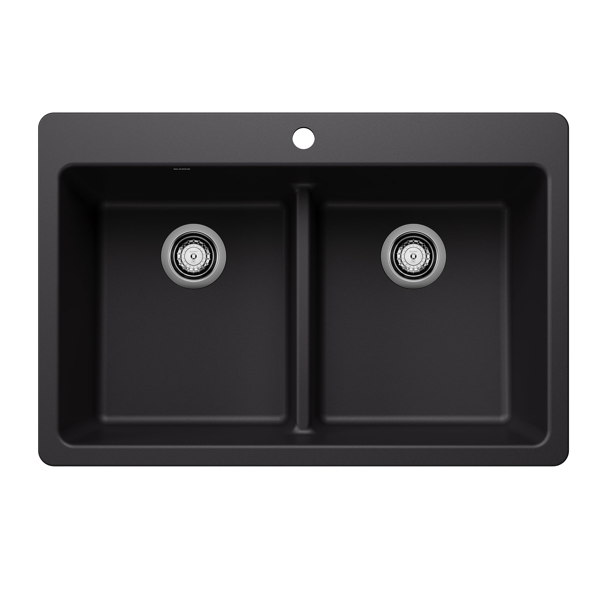 Coal black dual-bowl kitchen sink with low divide, dual drains, and top-mounted installation.